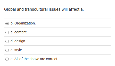  Global and transcultural issues will affect a. b. Organization. a. content.