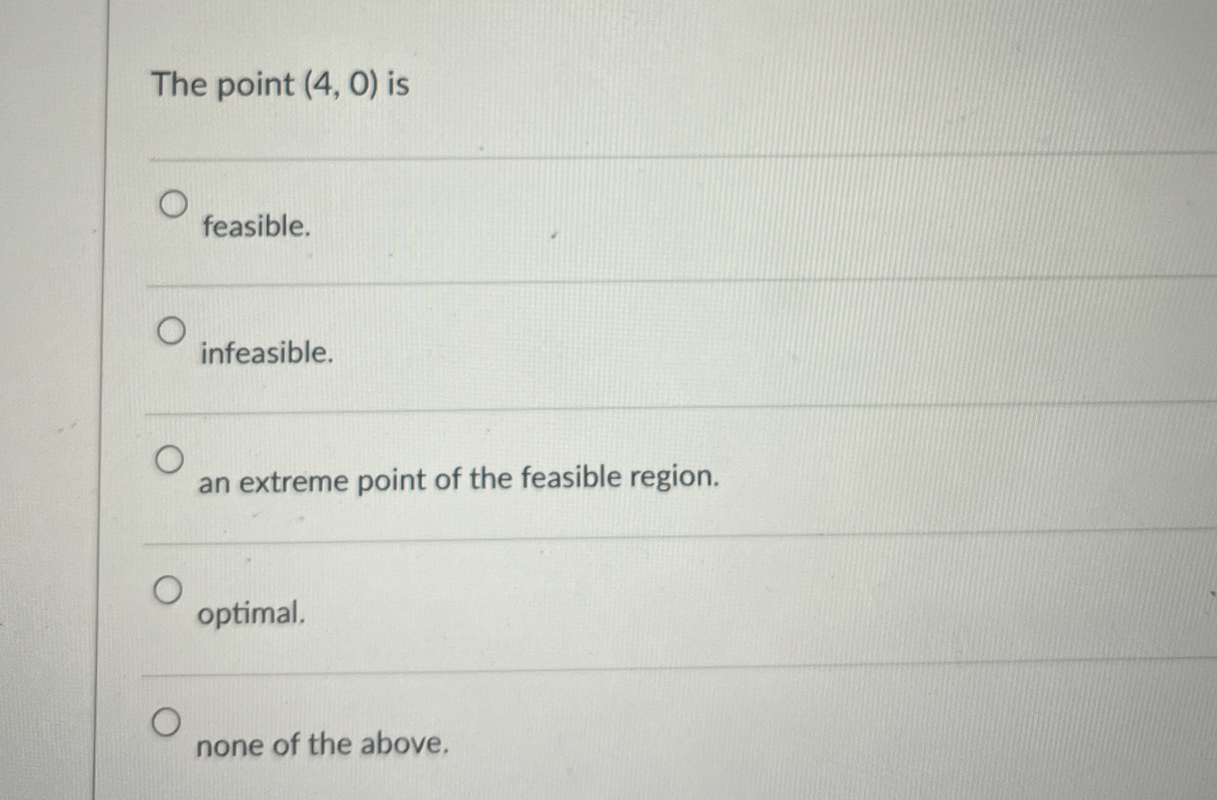  The point (4,0) is q, feasible. infeasible. q, an extreme point
