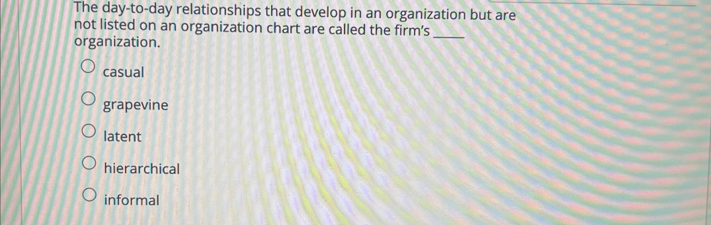  The day-to-day relationships that develop in an organization but are not