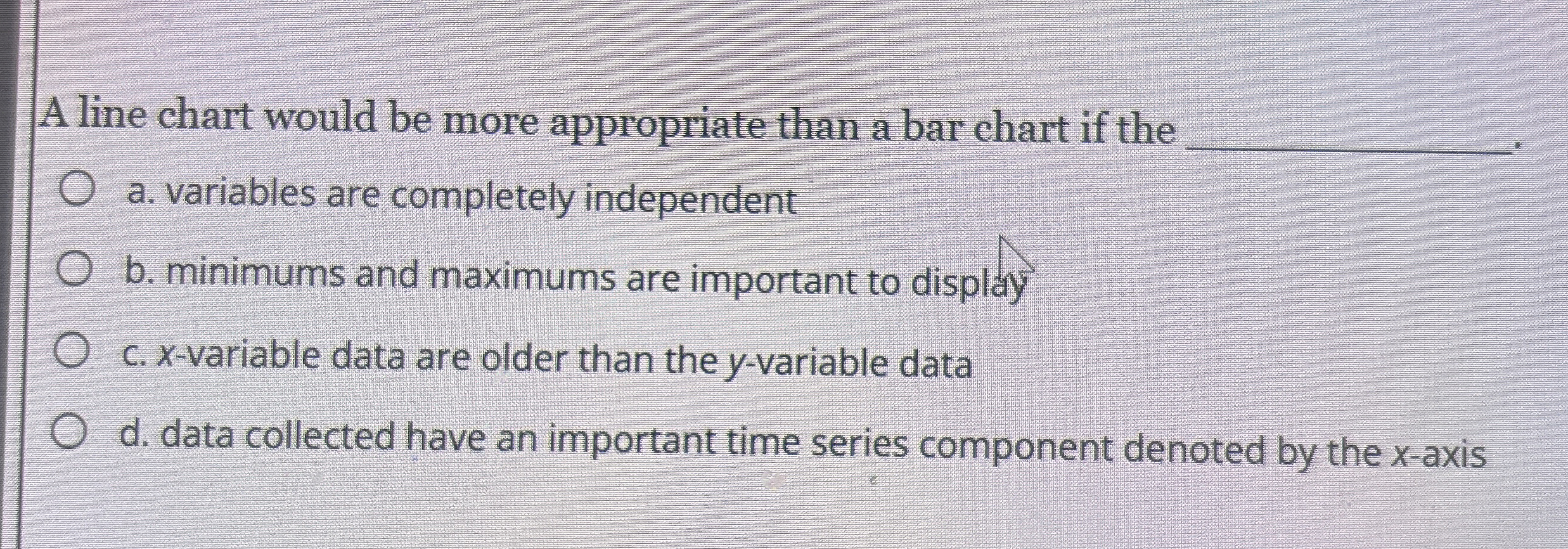  A line chart would be more appropriate than a bar chart