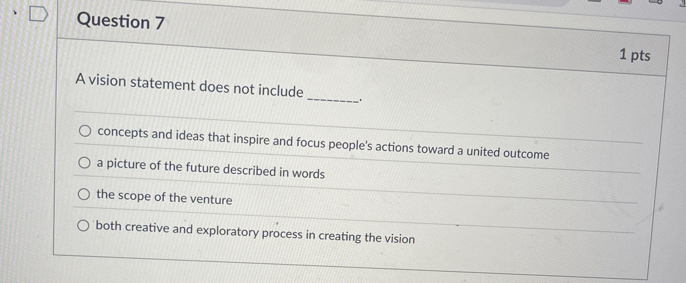 Question 7 1 pts A vision statement does not include q,