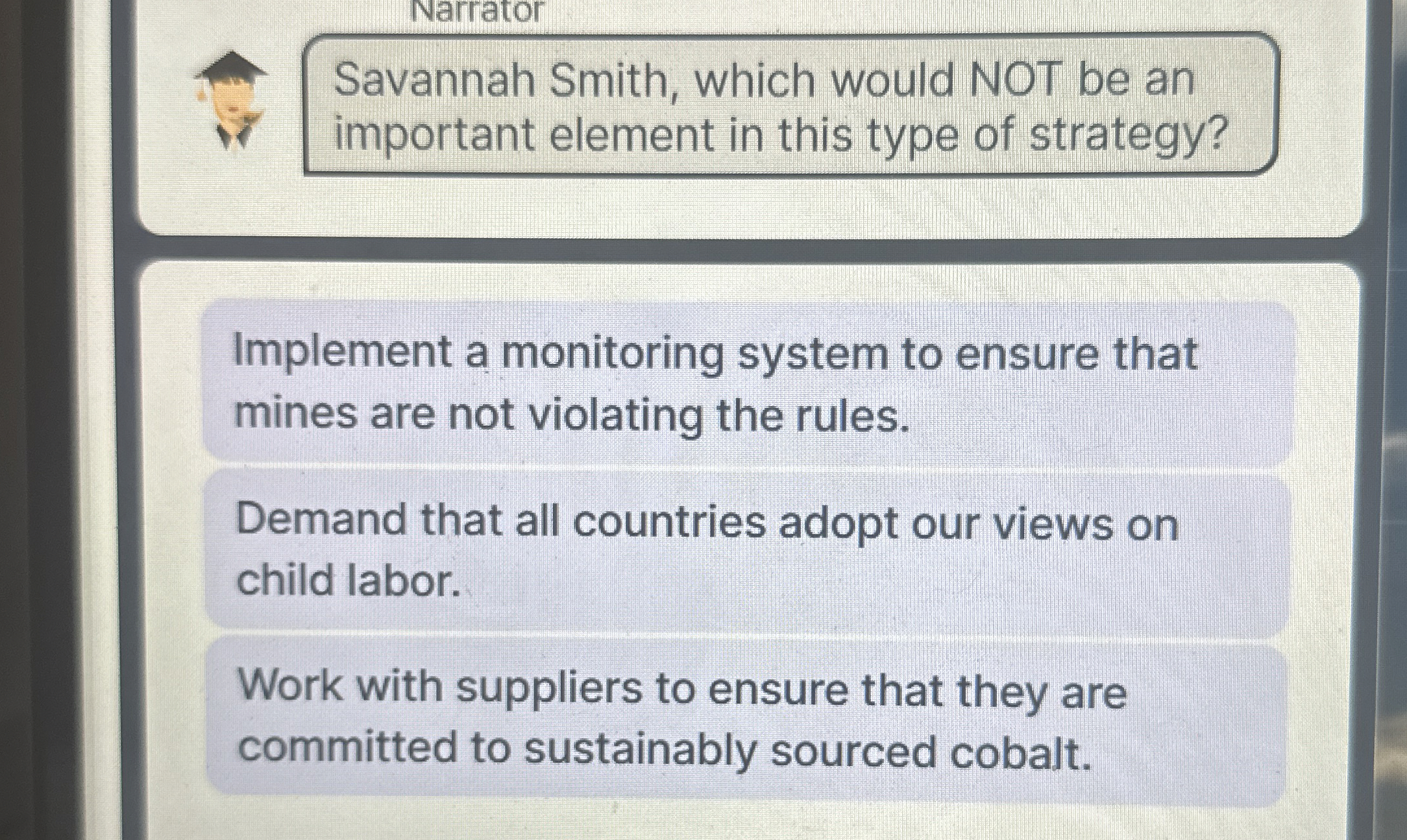  Savannah Smith, which would NOT be an important element in this