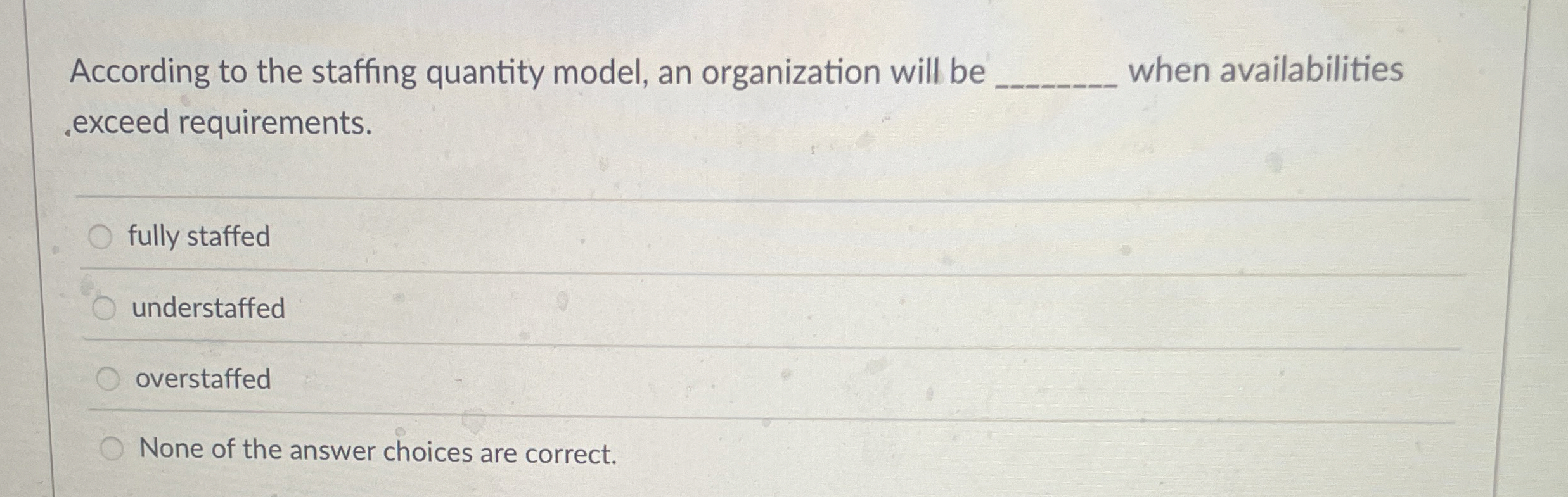  According to the staffing quantity model, an organization will be q,