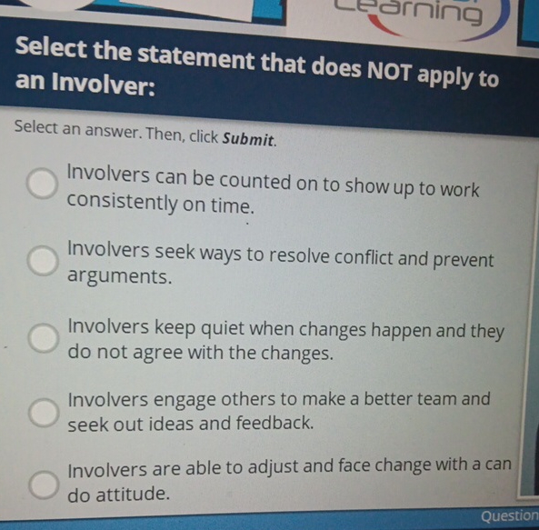  Select the statement that does NOT apply to an Involver: Select