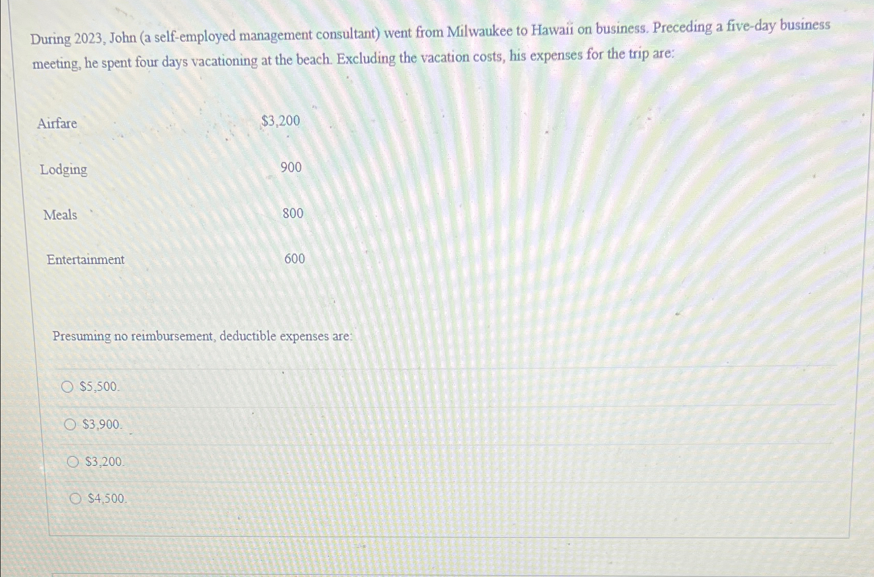  During 2023, John (a self-employed management consultant) went from Milwaukee to