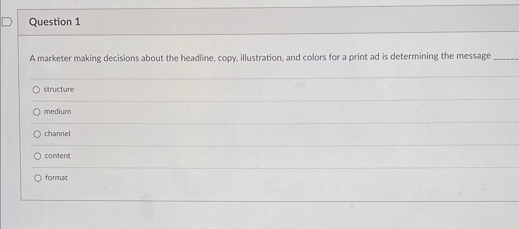  Question 1 A marketer making decisions about the headline, copy, illustration,
