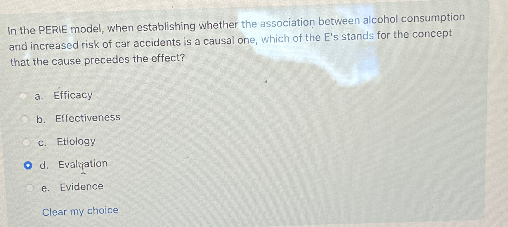  In the PERIE model, when establishing whether the association between alcohol