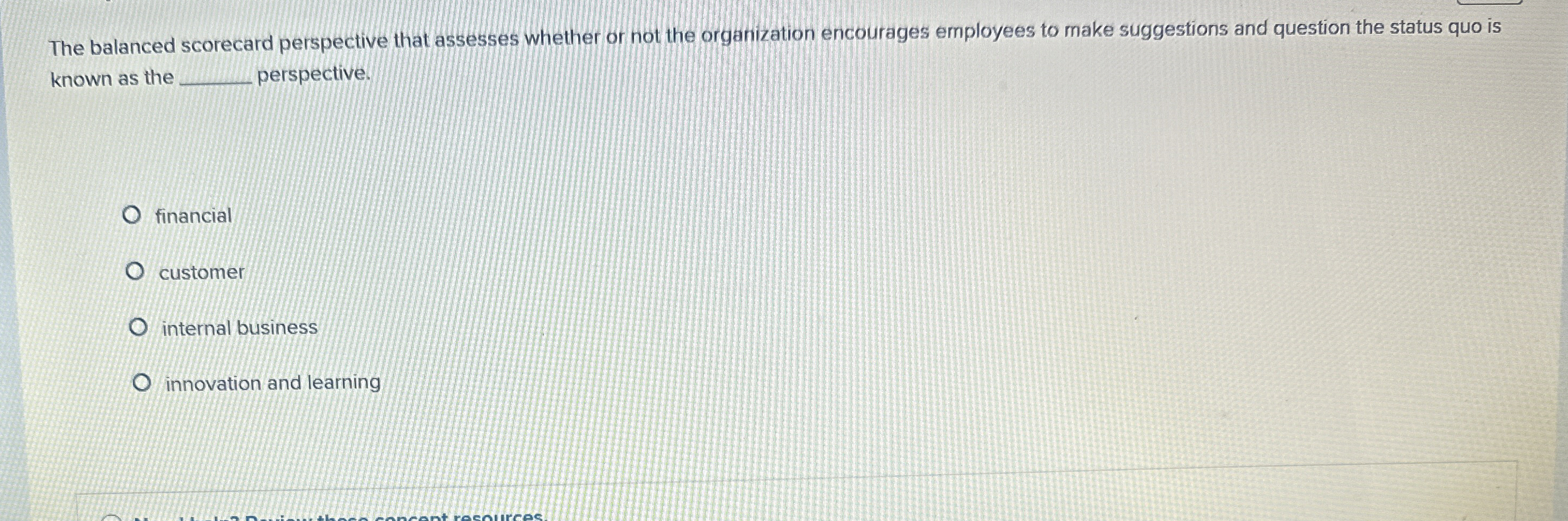  The balanced scorecard perspective that assesses whether or not the organization