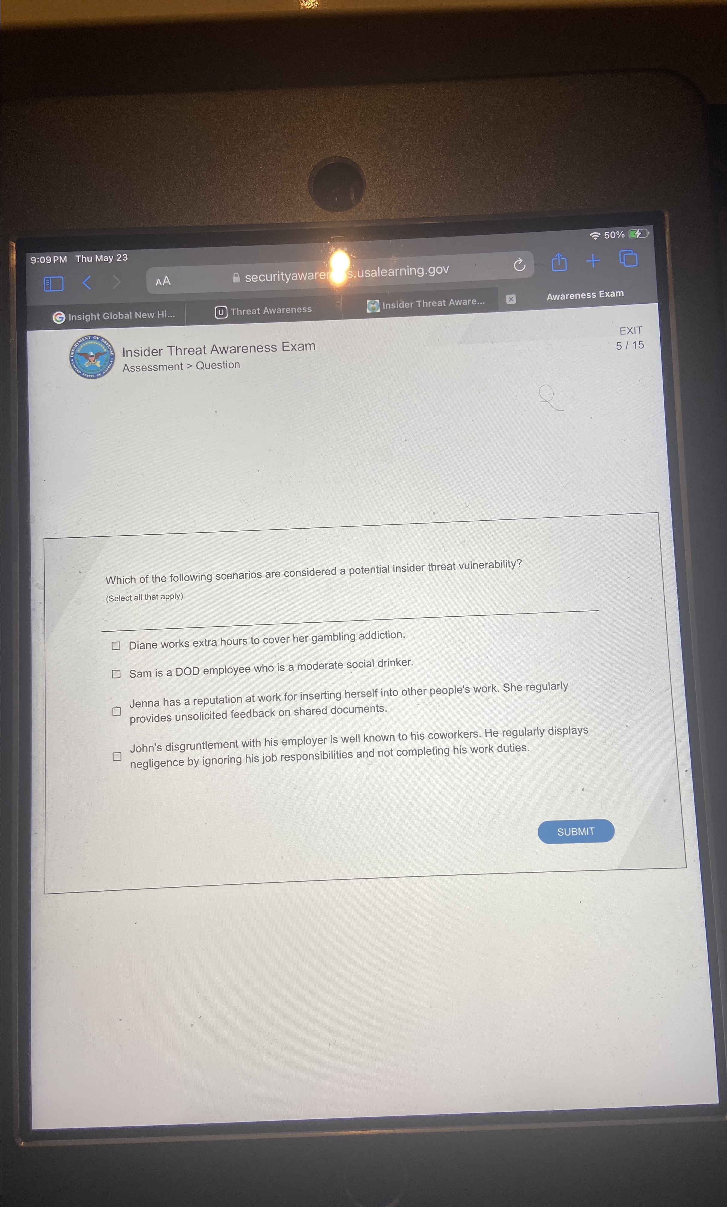  36 9:09 PM Thu May 23 50% AA securityaware $.usalearning.gov Insight