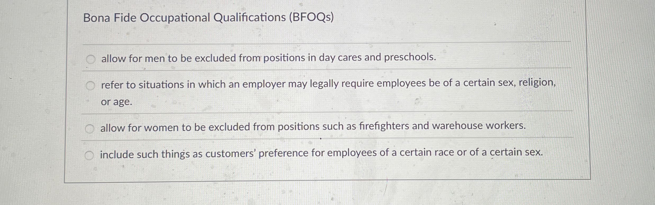  Bona Fide Occupational Qualifications (BFOQs) allow for men to be excluded