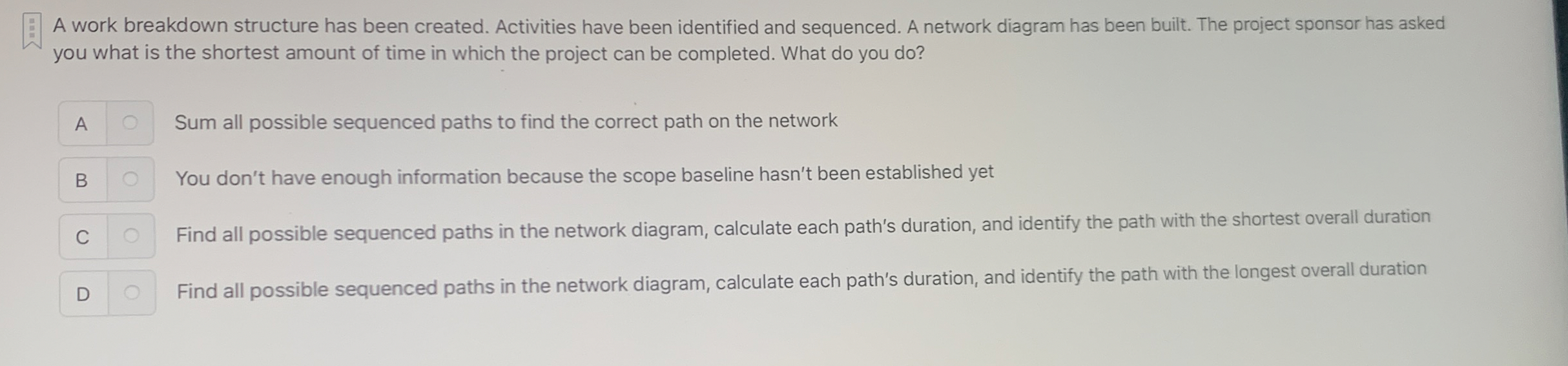  A work breakdown structure has been created. Activities have been identified