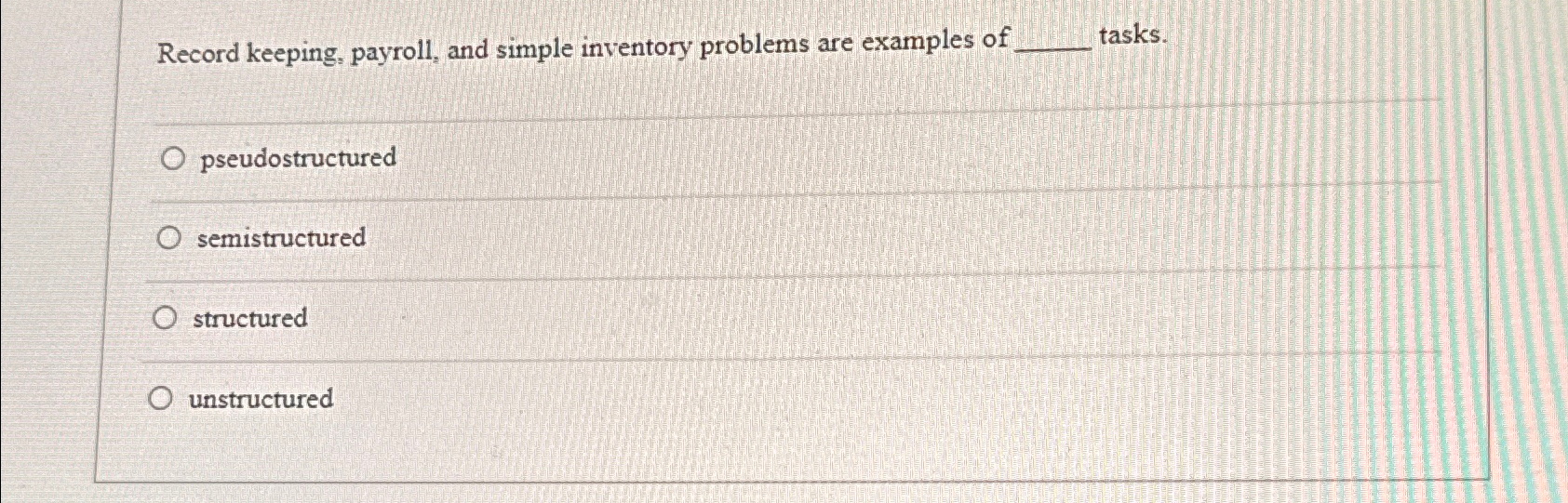  Record keeping, payroll, and simple inventory problems are examples of tasks.