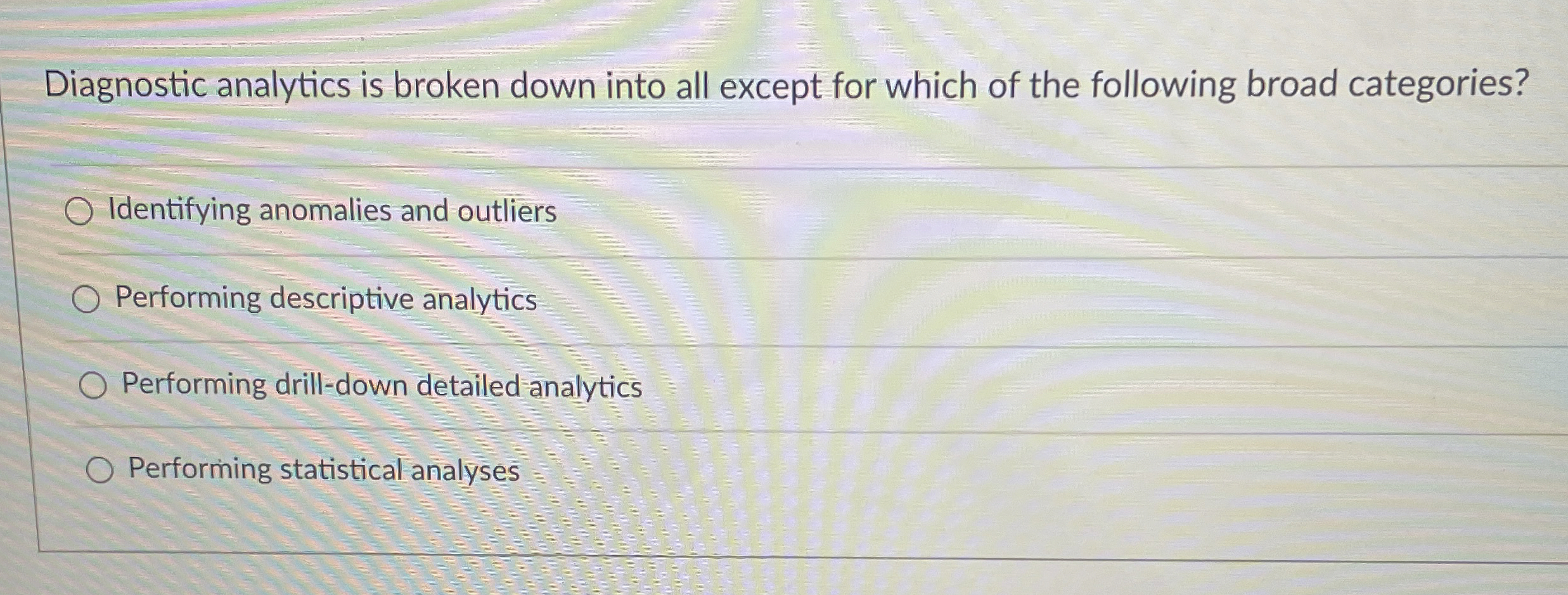  Diagnostic analytics is broken down into all except for which of