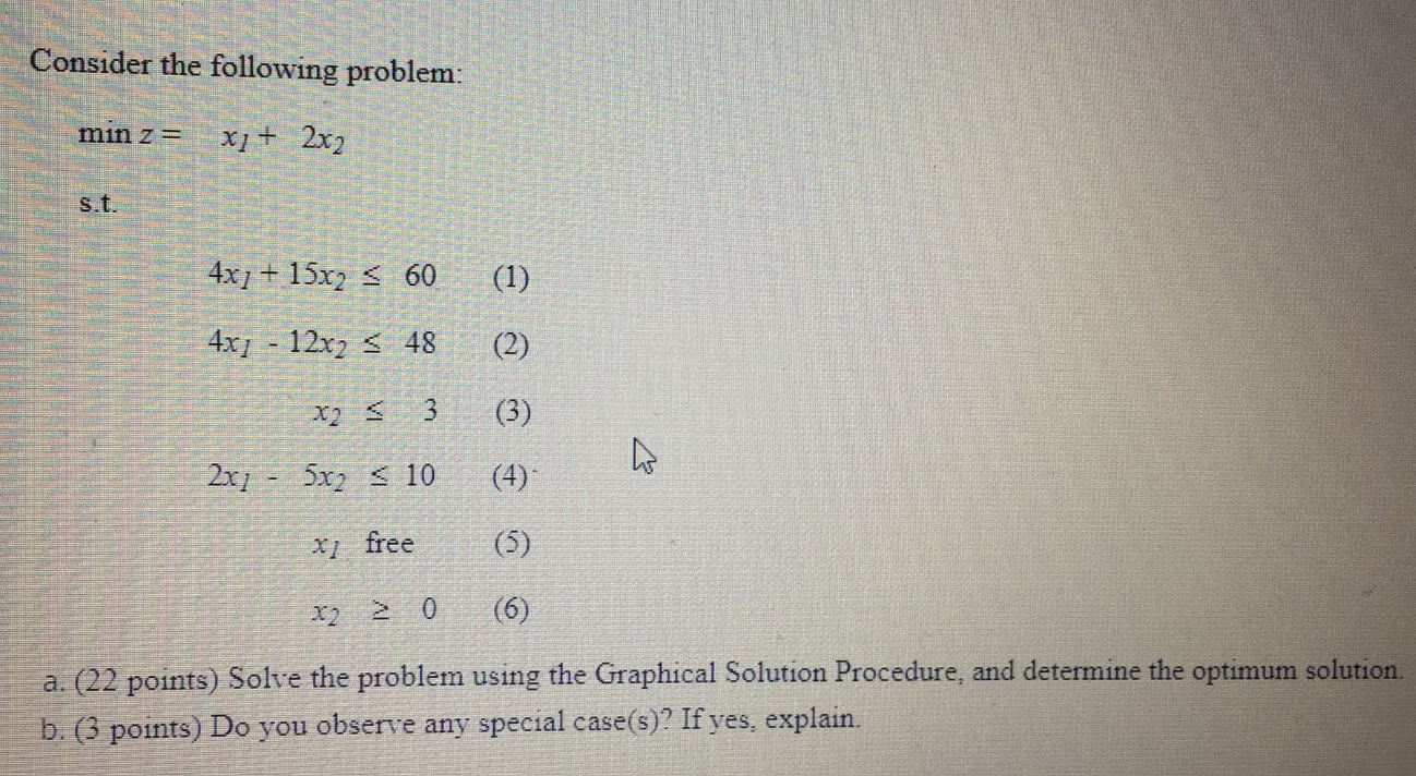  Consider the following problem: minz=x1+2x2 s.t. 4x1+15x260 4x1-12x248 x23 2x1-5x210 x1