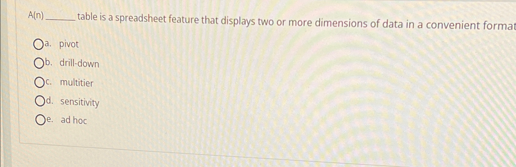  A(n) table is a spreadsheet feature that displays two or more