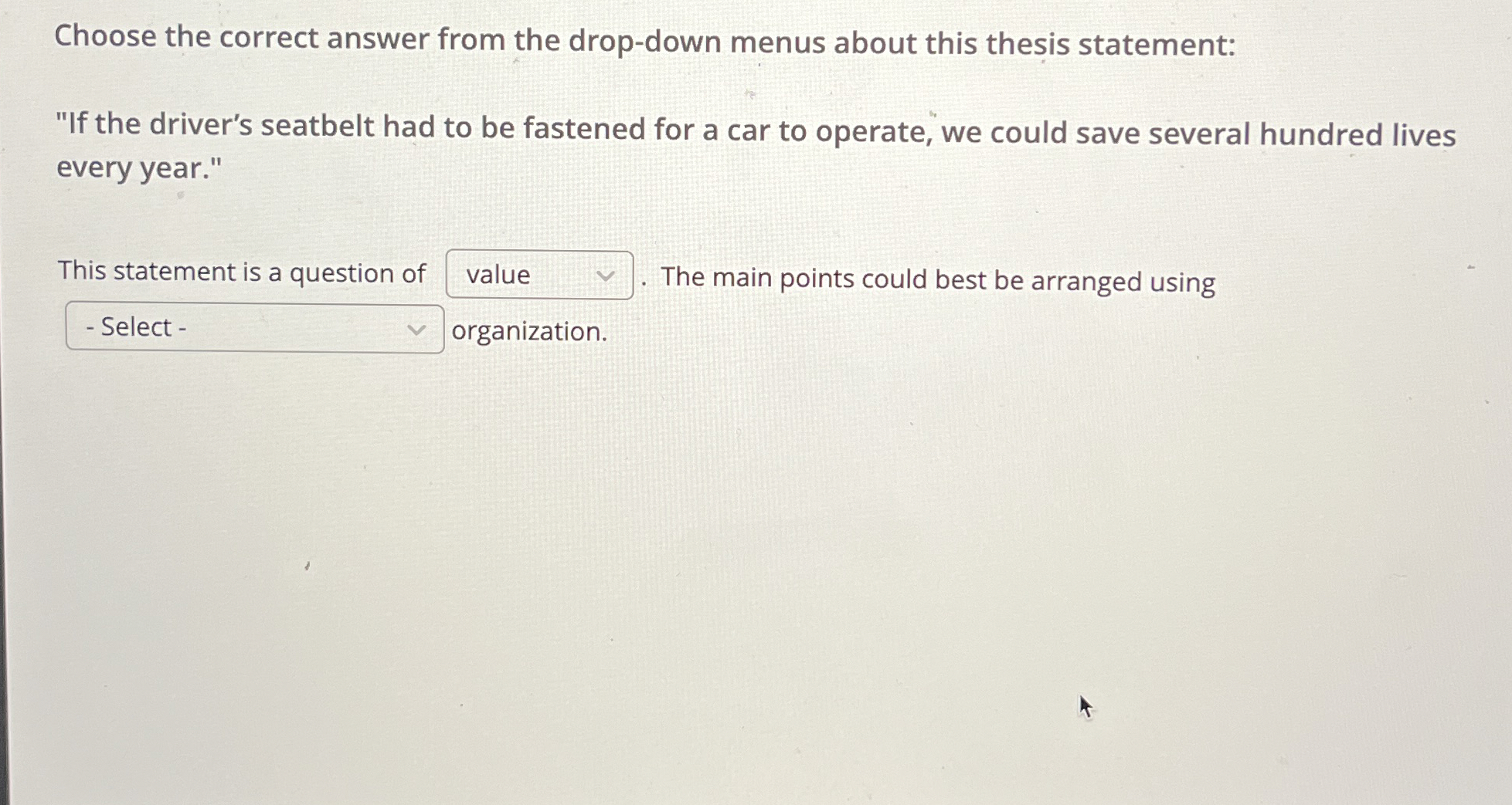  Choose the correct answer from the drop-down menus about this thesis