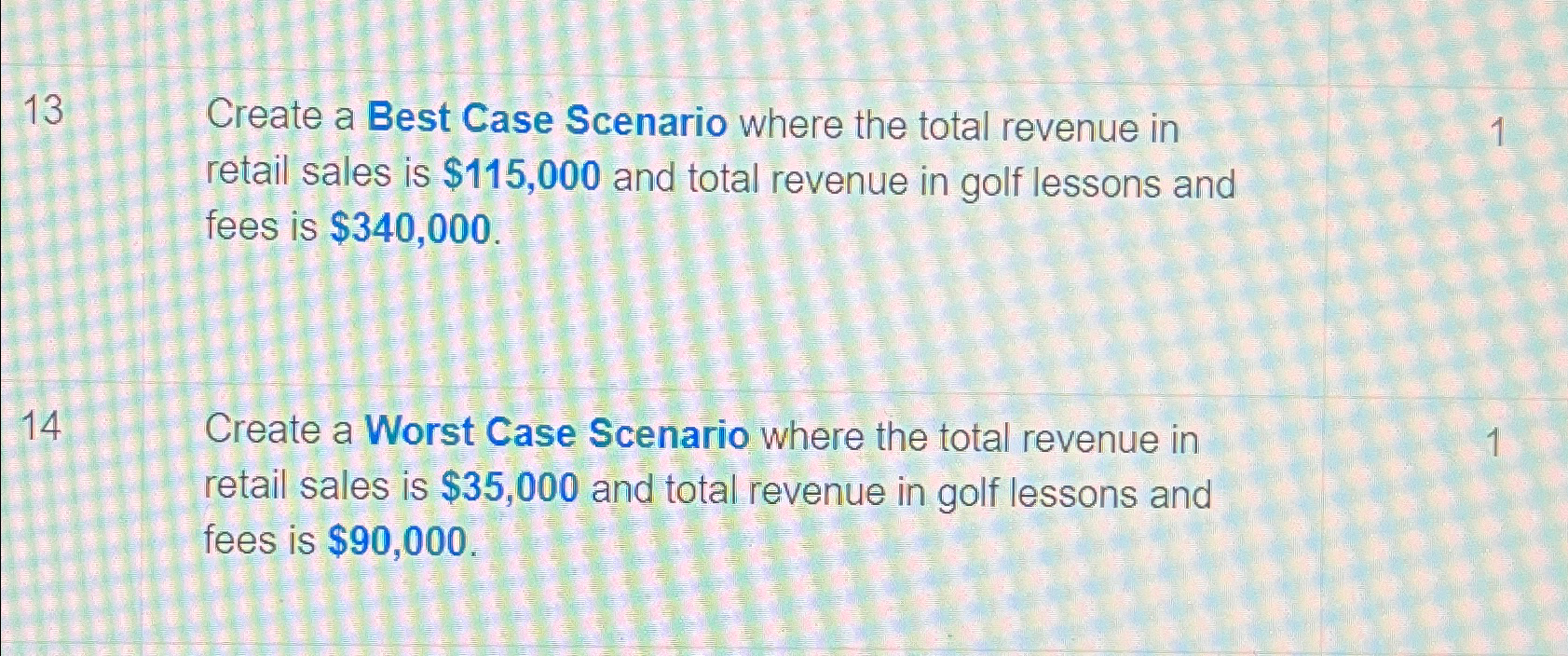  13 Create a Best Case Scenario where the total revenue in
