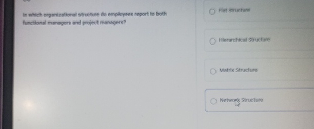  In which organizational structure do employees report to both functional manegers