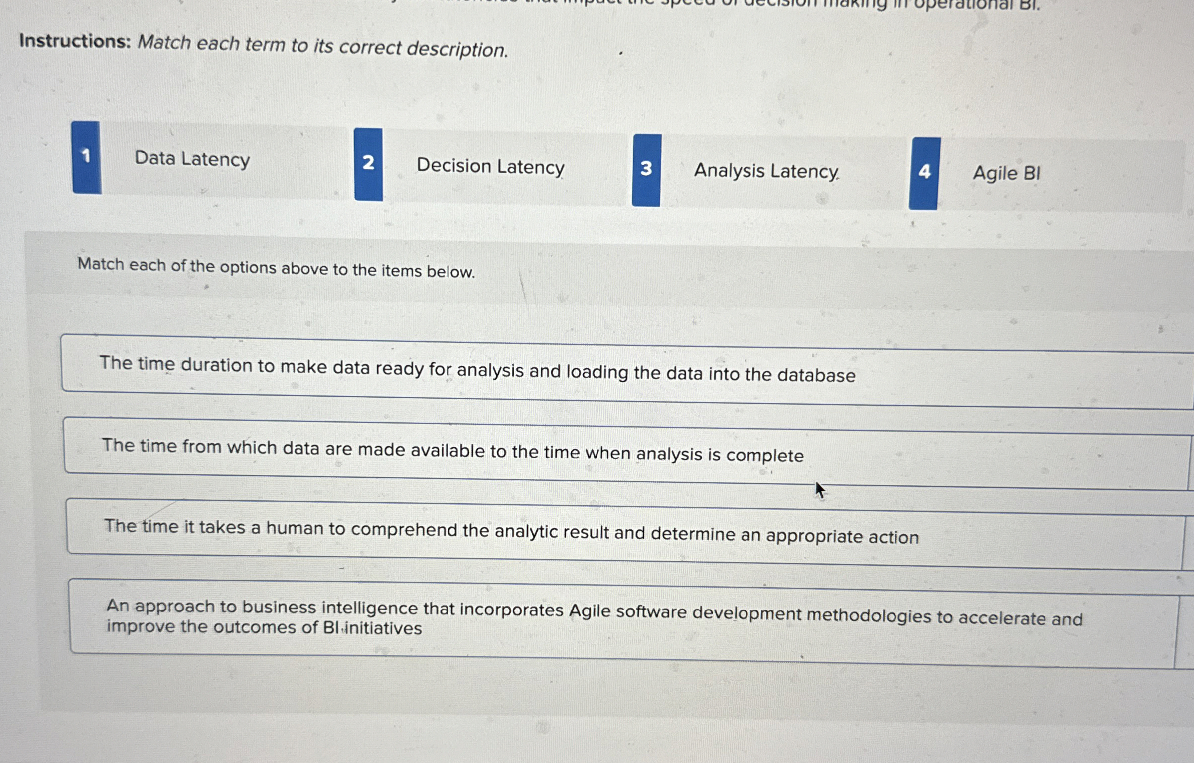  Instructions: Match each term to its correct description. 1 Data Latency