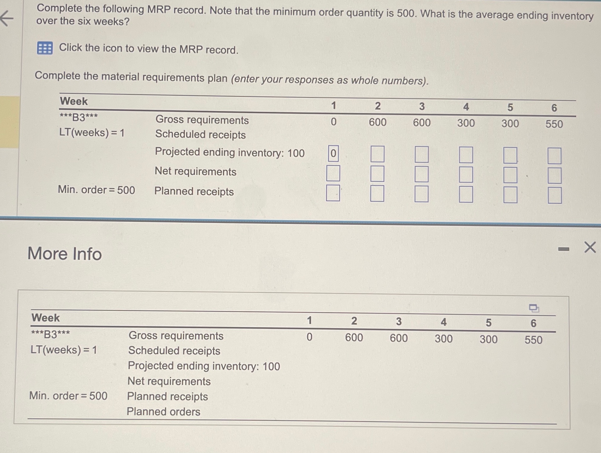  Complete the following MRP record. Note that the minimum order quantity