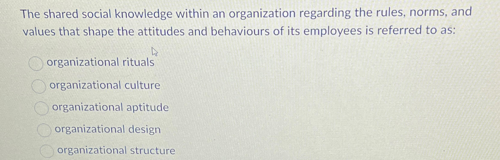  The shared social knowledge within an organization regarding the rules, norms,