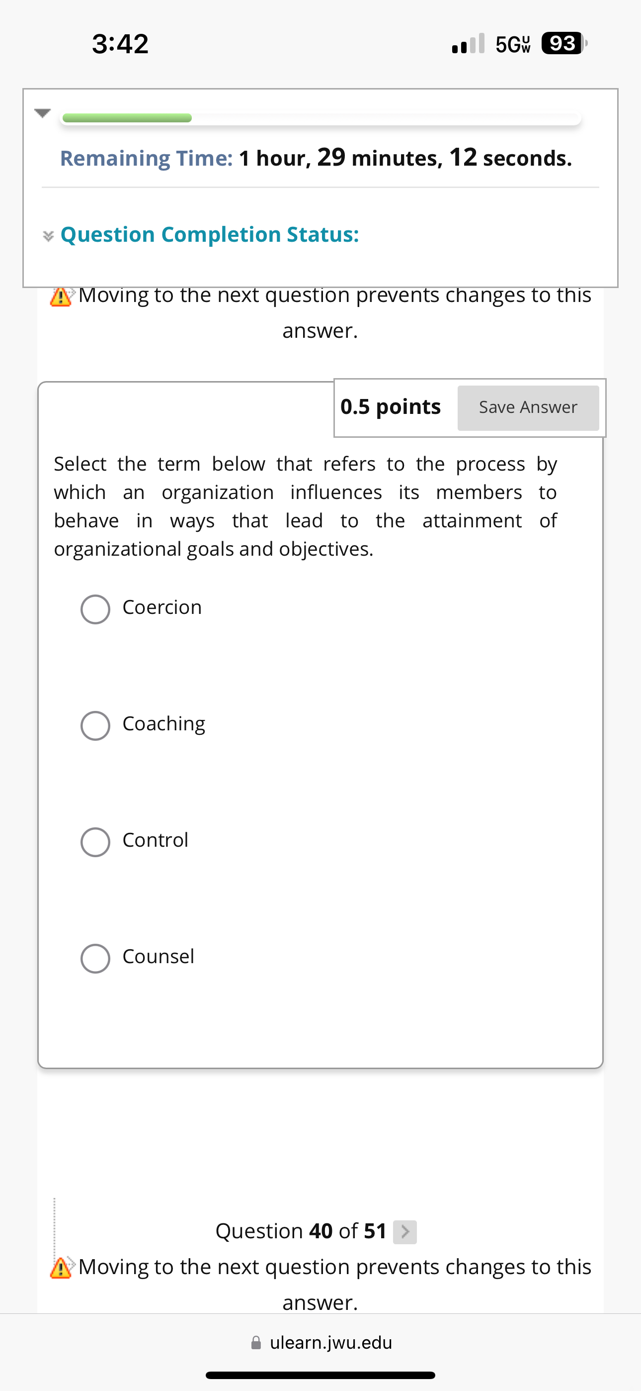  3:42 5Gwu 93 Remaining Time: 1 hour, 29 minutes, 12 seconds.