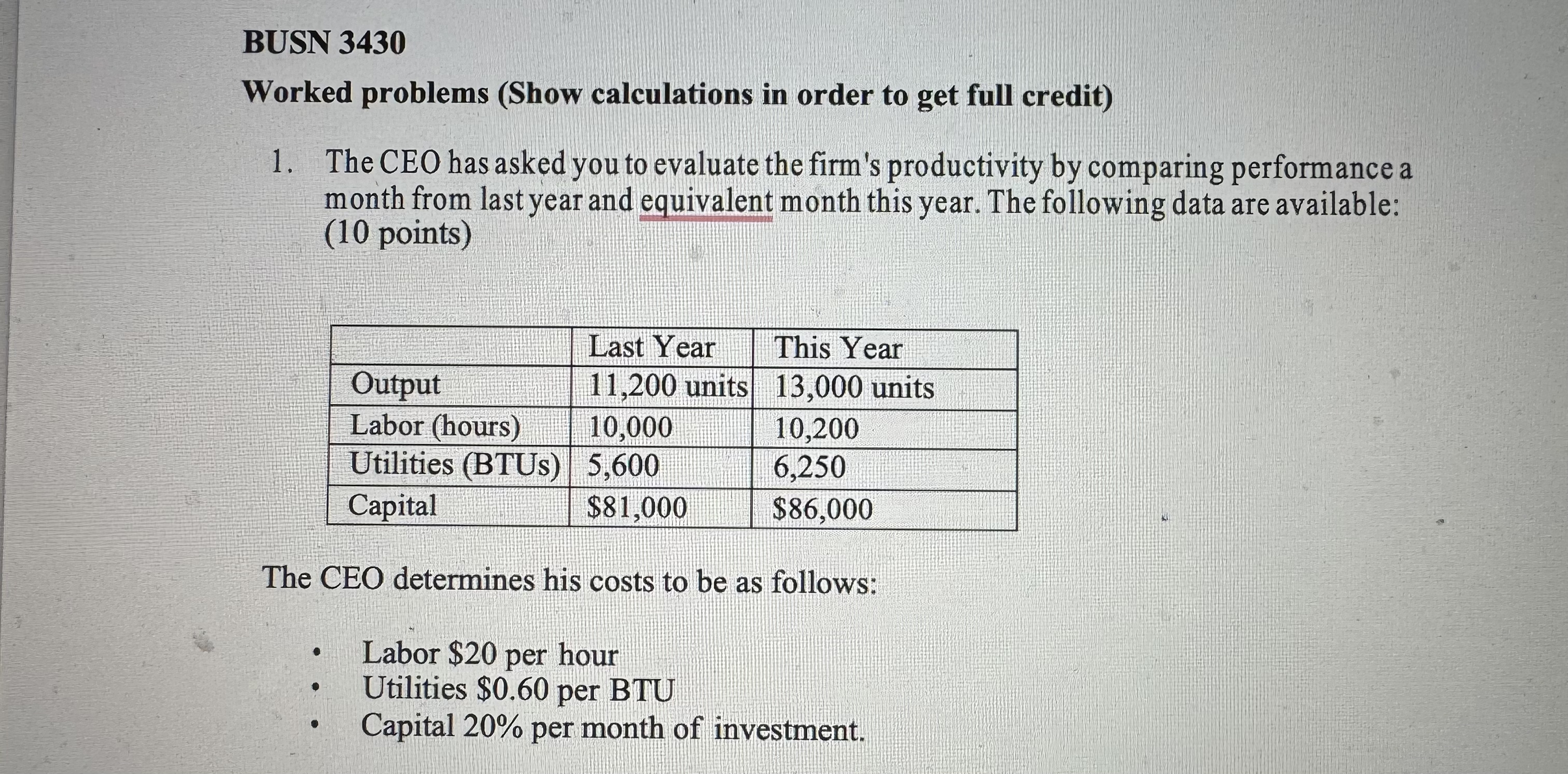  BUSN 3430 Worked problems (Show calculations in order to get full