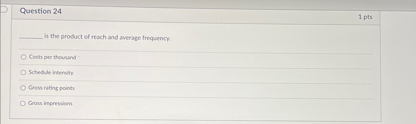 Question 24 1pts is the product of reach and average frequency.