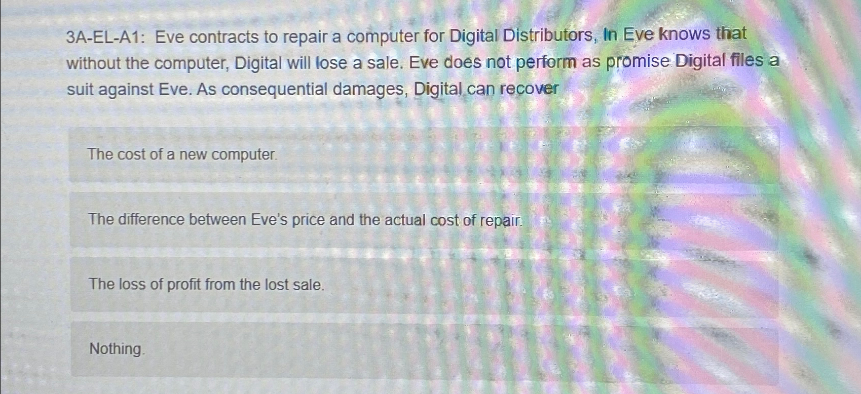  3A-EL-A1: Eve contracts to repair a computer for Digital Distributors, In