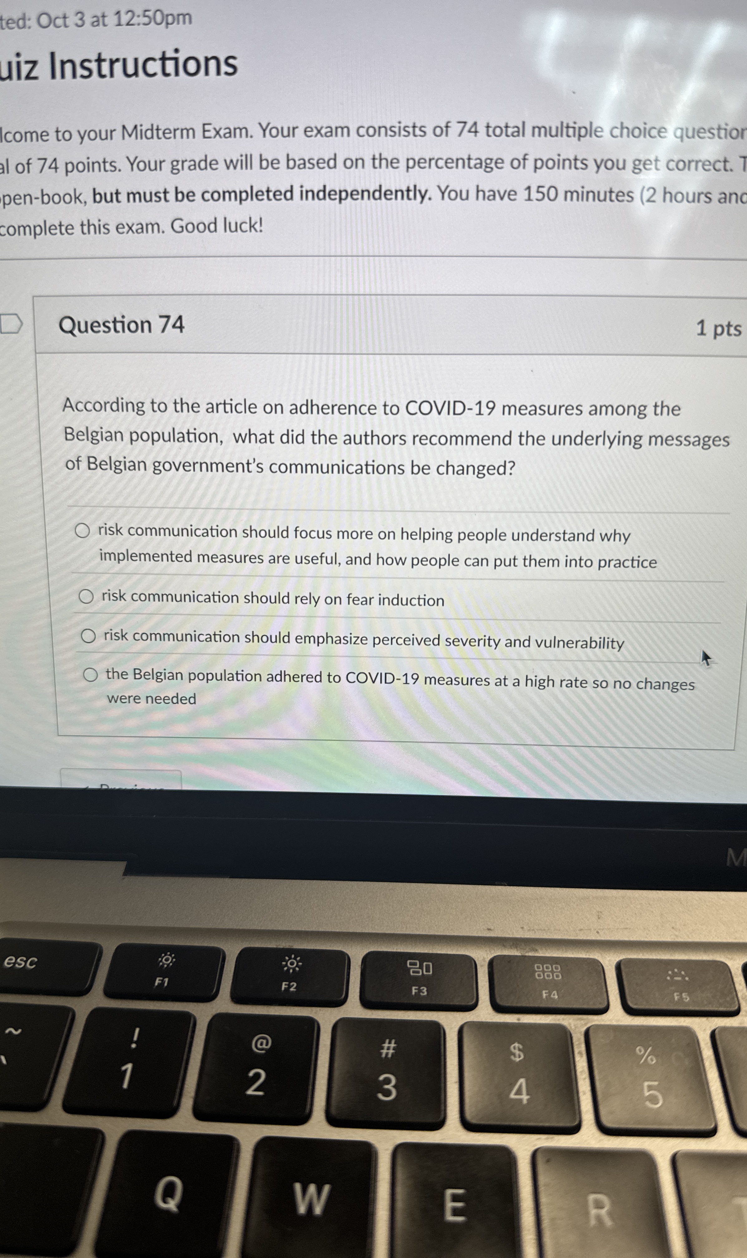  Question 74 According to the article on adherence to COVID-19 measures