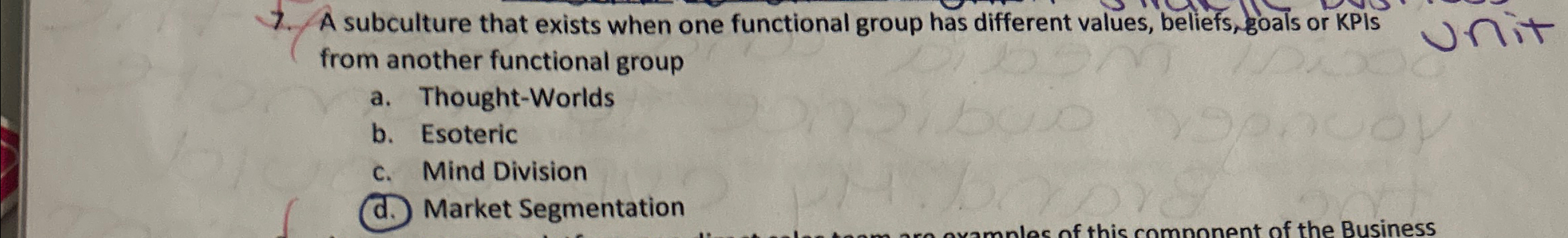  A subculture that exists when one functional group has different values,