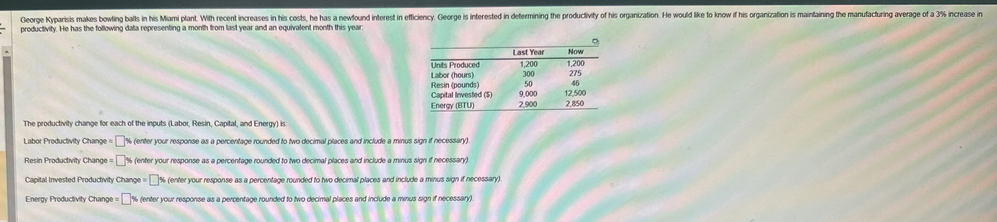  productivity. He has the following data representing a month from last