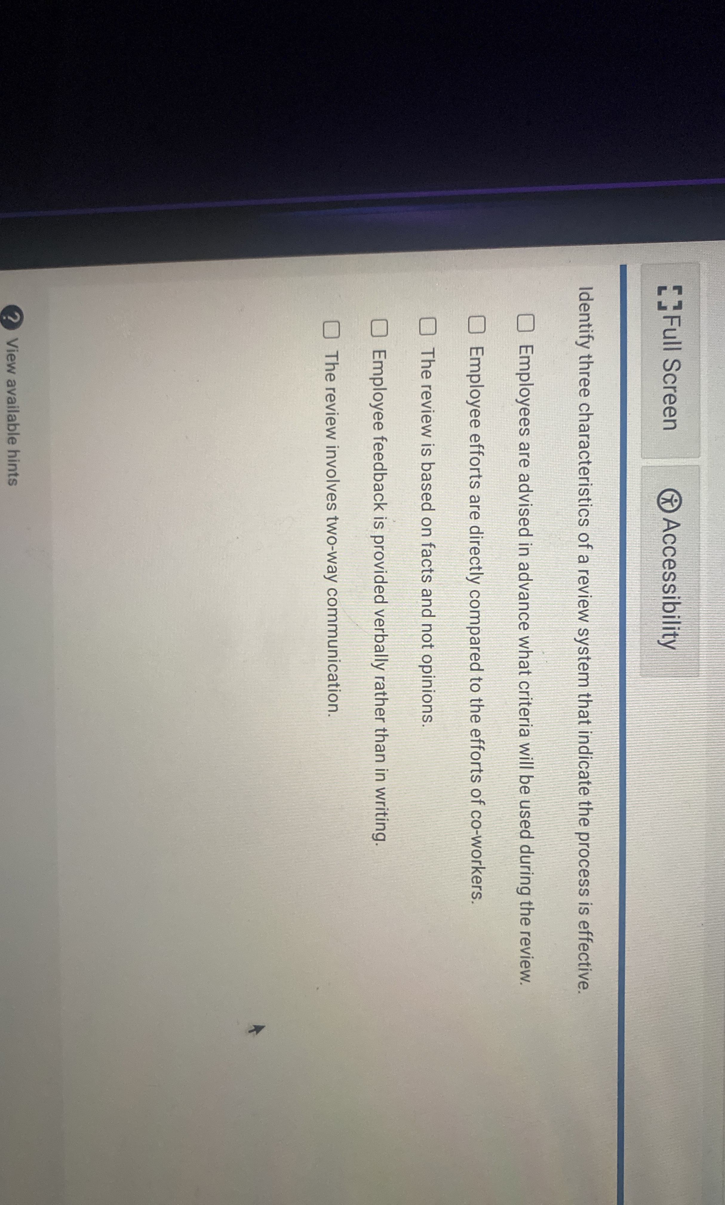  [.]Full Screen ccessibility Identify three characteristics of a review system that