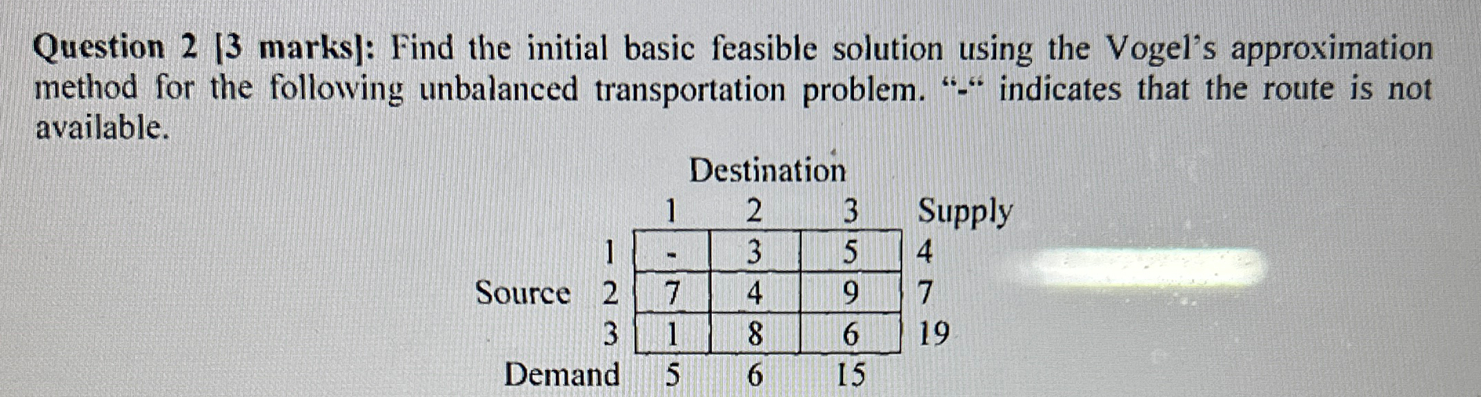  Find the initial basic feasible solution using the Vogel's approximation method