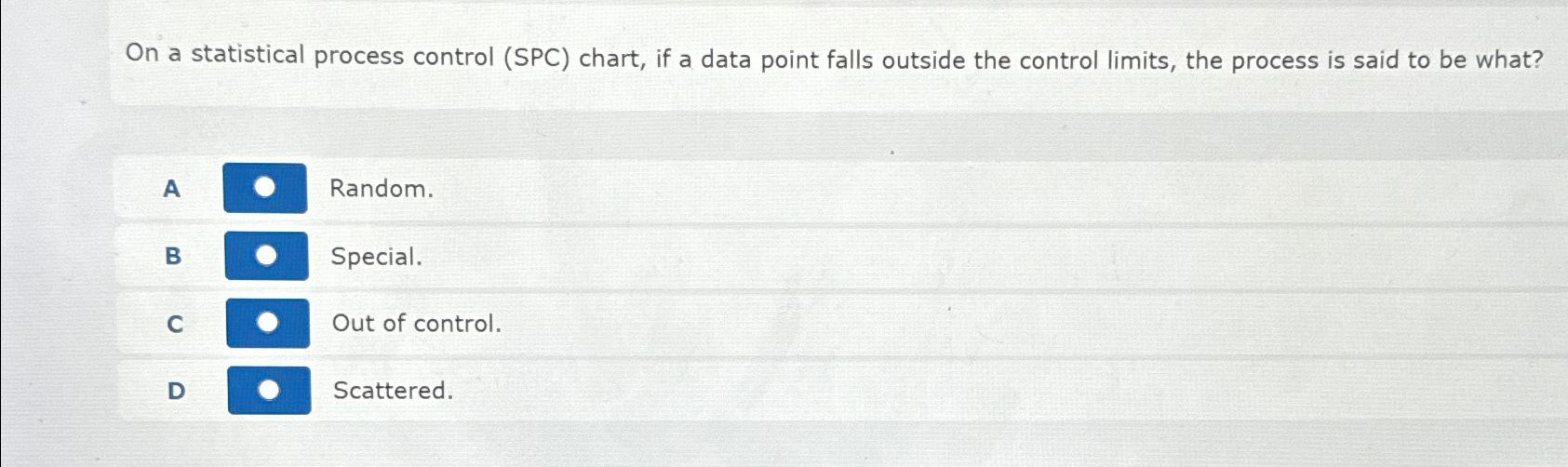  On a statistical process control (SPC) chart, if a data point