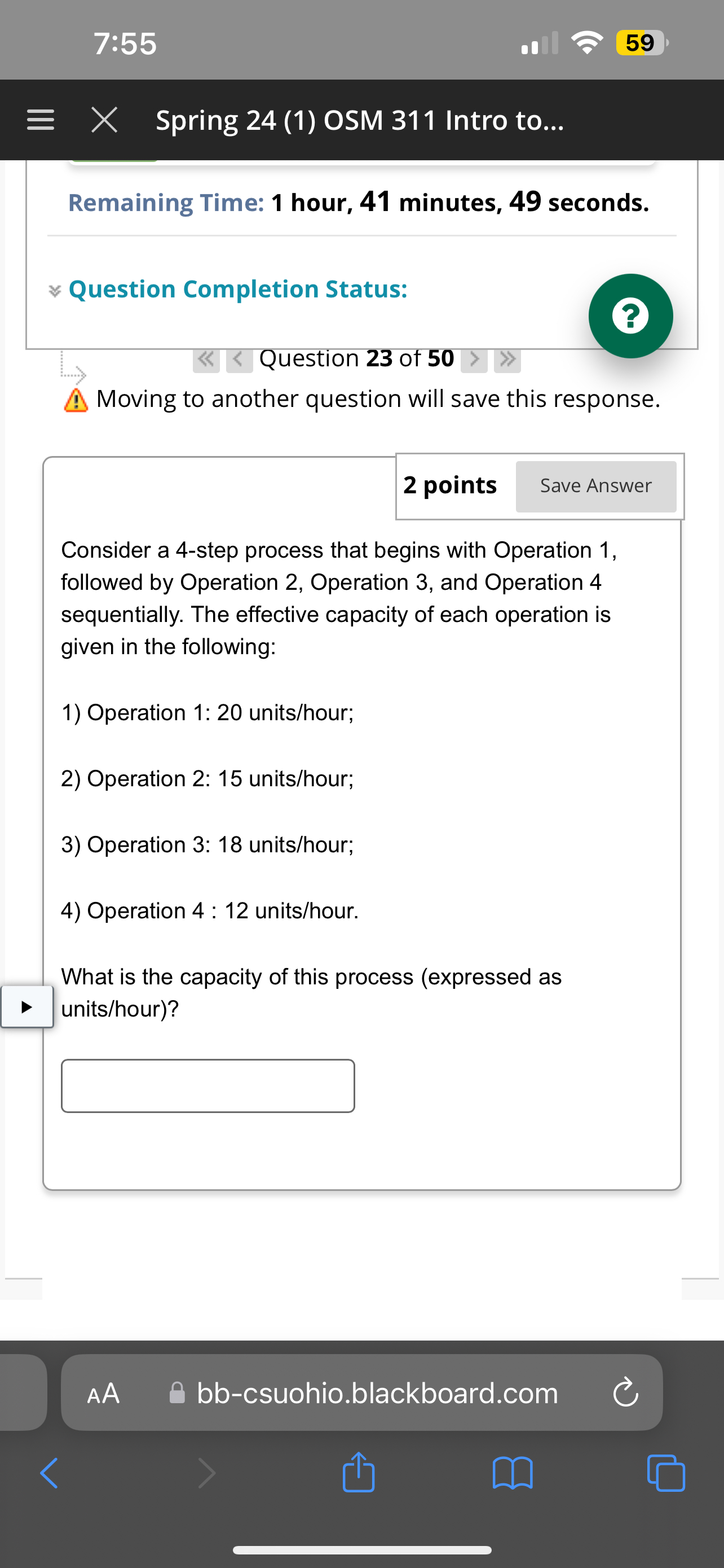  7:55 59 Spring 24(1) OSM 311 Intro to... Remaining Time: 1