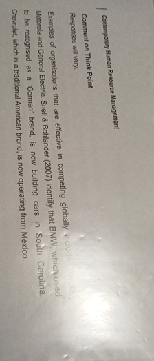  Contemporary Human Resource Management Comment on Think Point Responses will vary.