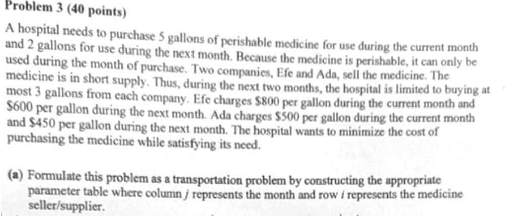  Problem 3(40 points) A hospital needs to purchase 5 gallons of