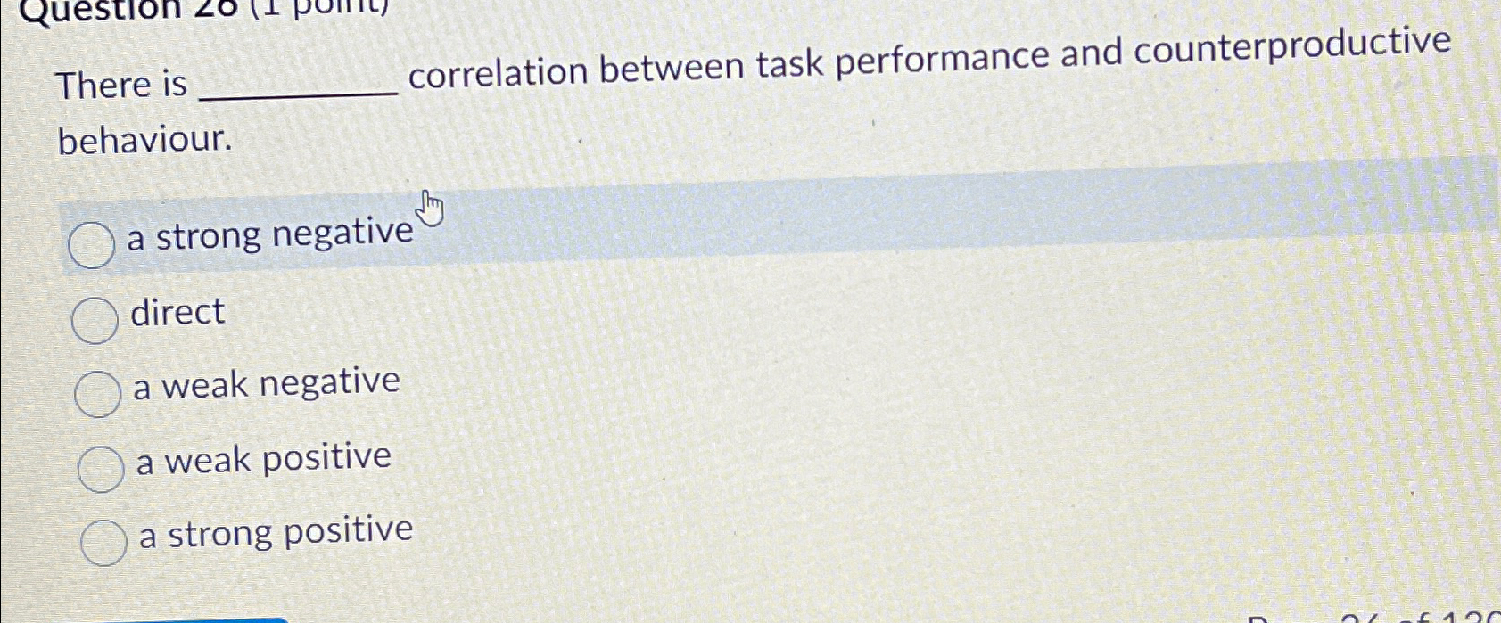  There is correlation between task performance and counterproductive behaviour. a strong