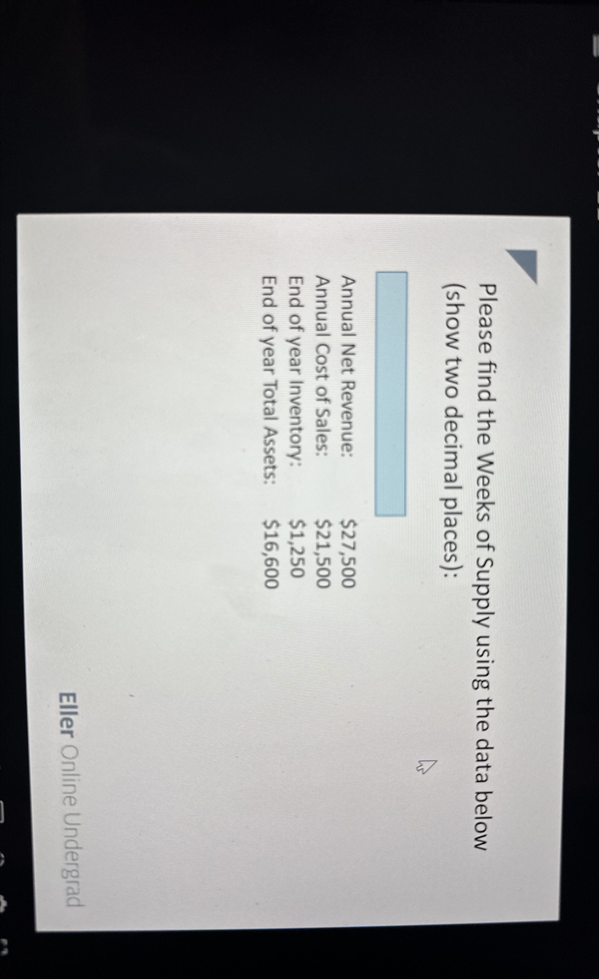  Please find the Weeks of Supply using the data below (show