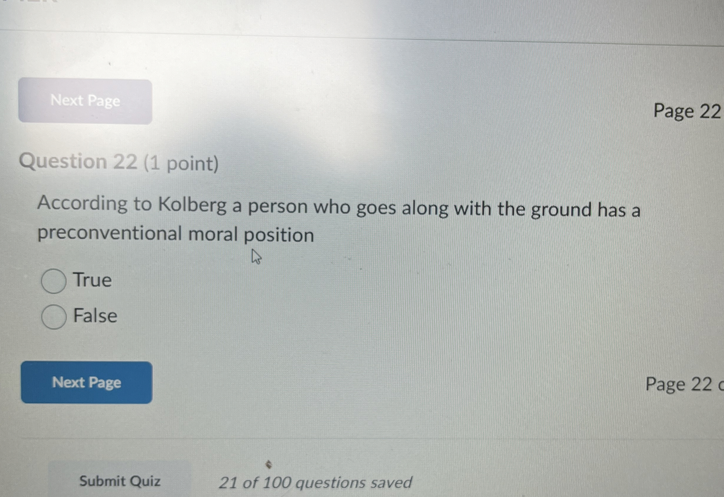  Page 22 Question 22(1 point) According to Kolberg a person who