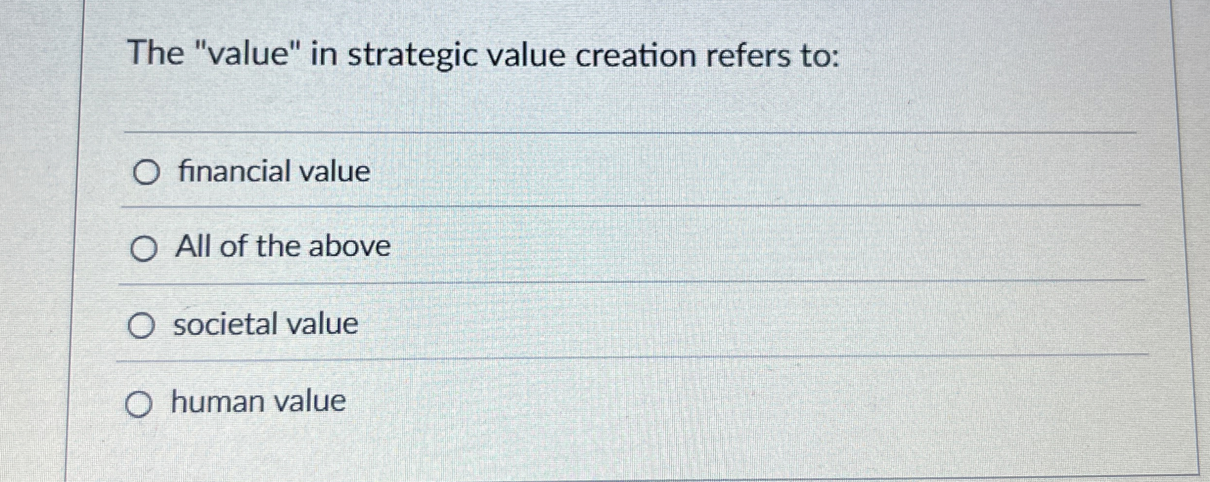  The "value" in strategic value creation refers to: q, financial value