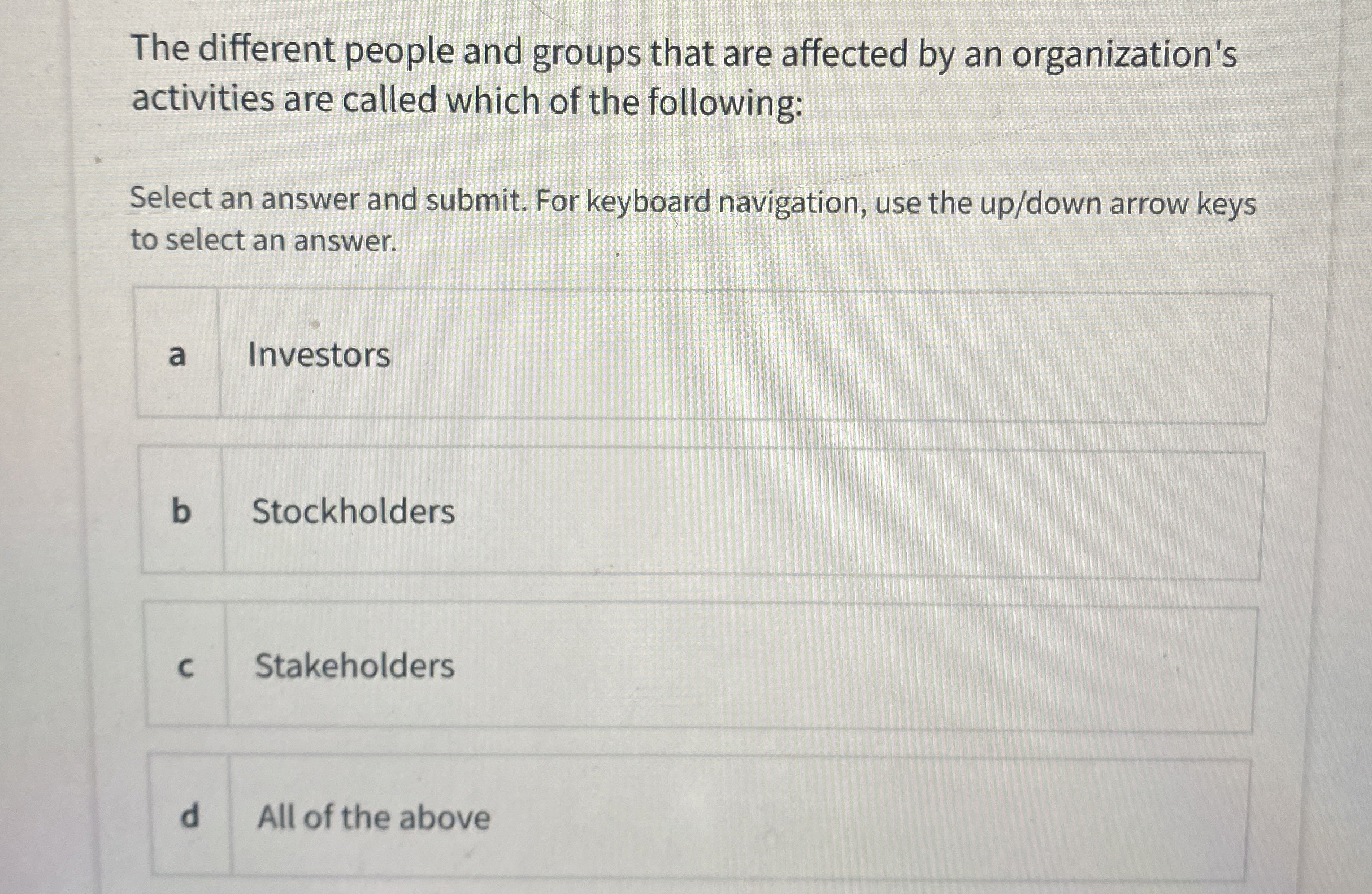  The different people and groups that are affected by an organization's
