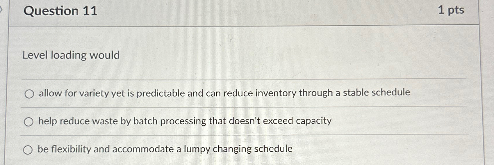 Question 11 1pts Level loading would allow for variety yet is