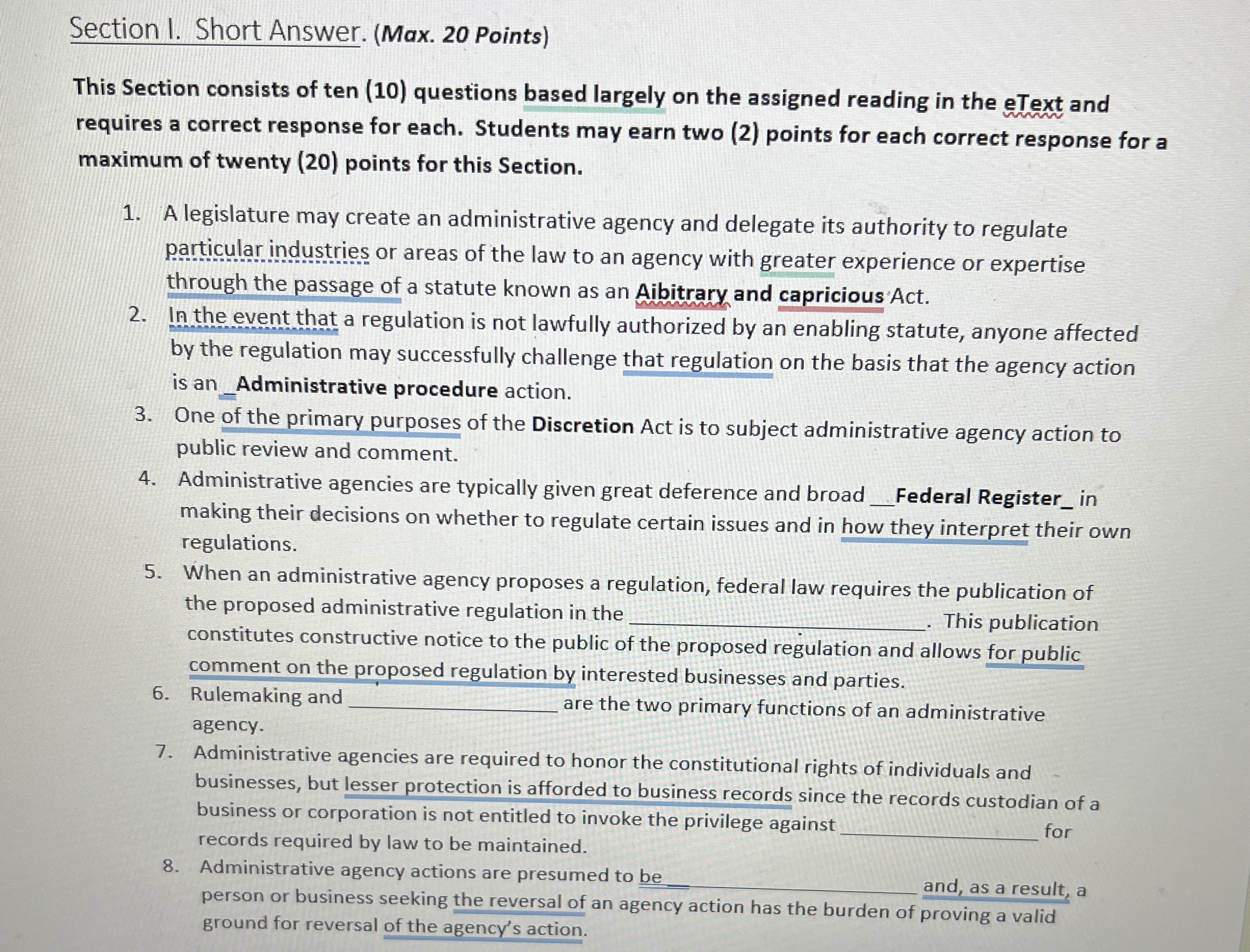  Section I. Short Answer. (Max.20 Points) This Section consists of ten