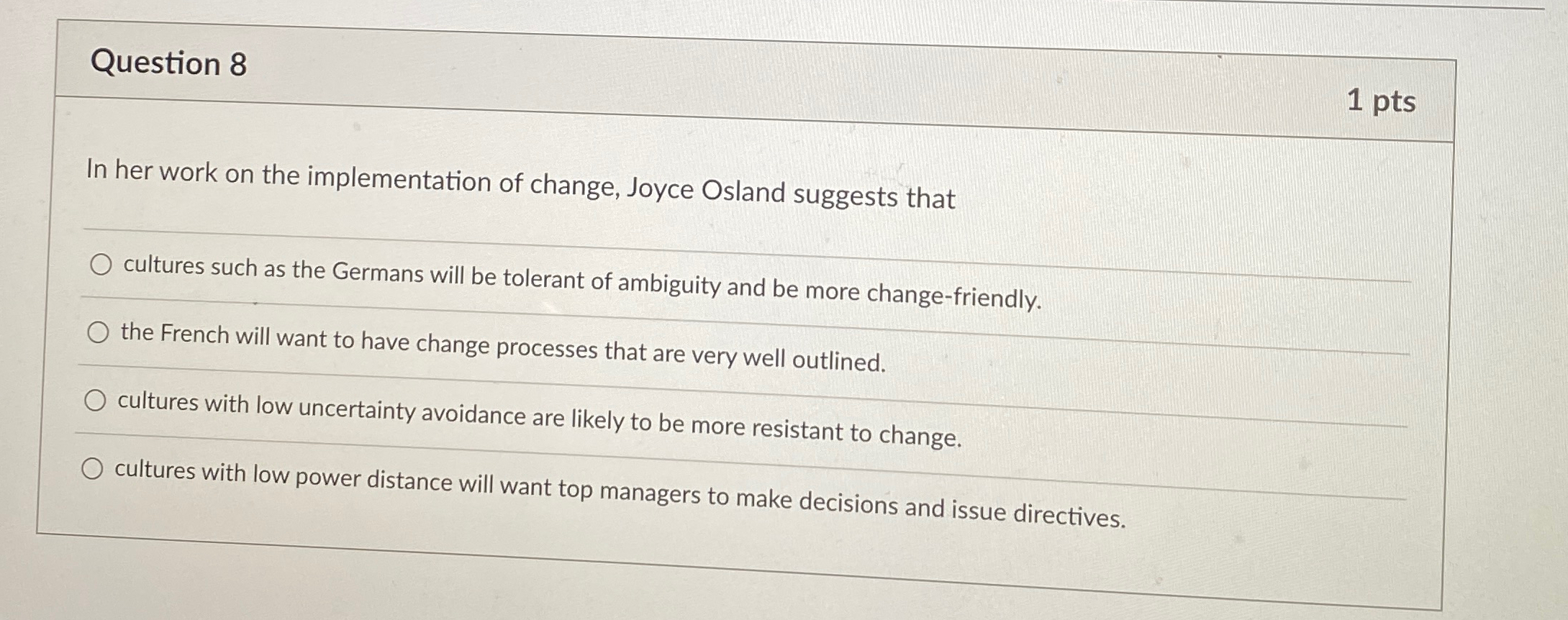  Question 8 1pts In her work on the implementation of change,
