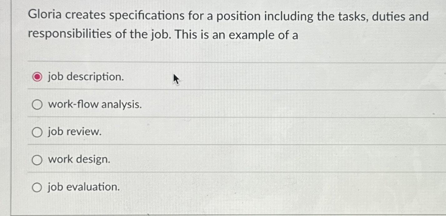 Gloria creates specifications for a position including the tasks, duties and