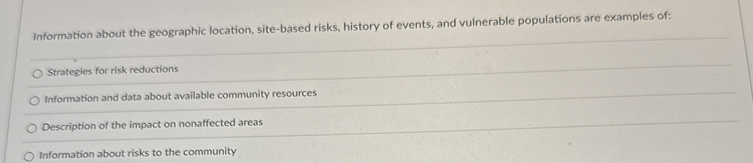  Information about the geographic location, site-based risks, history of events, and