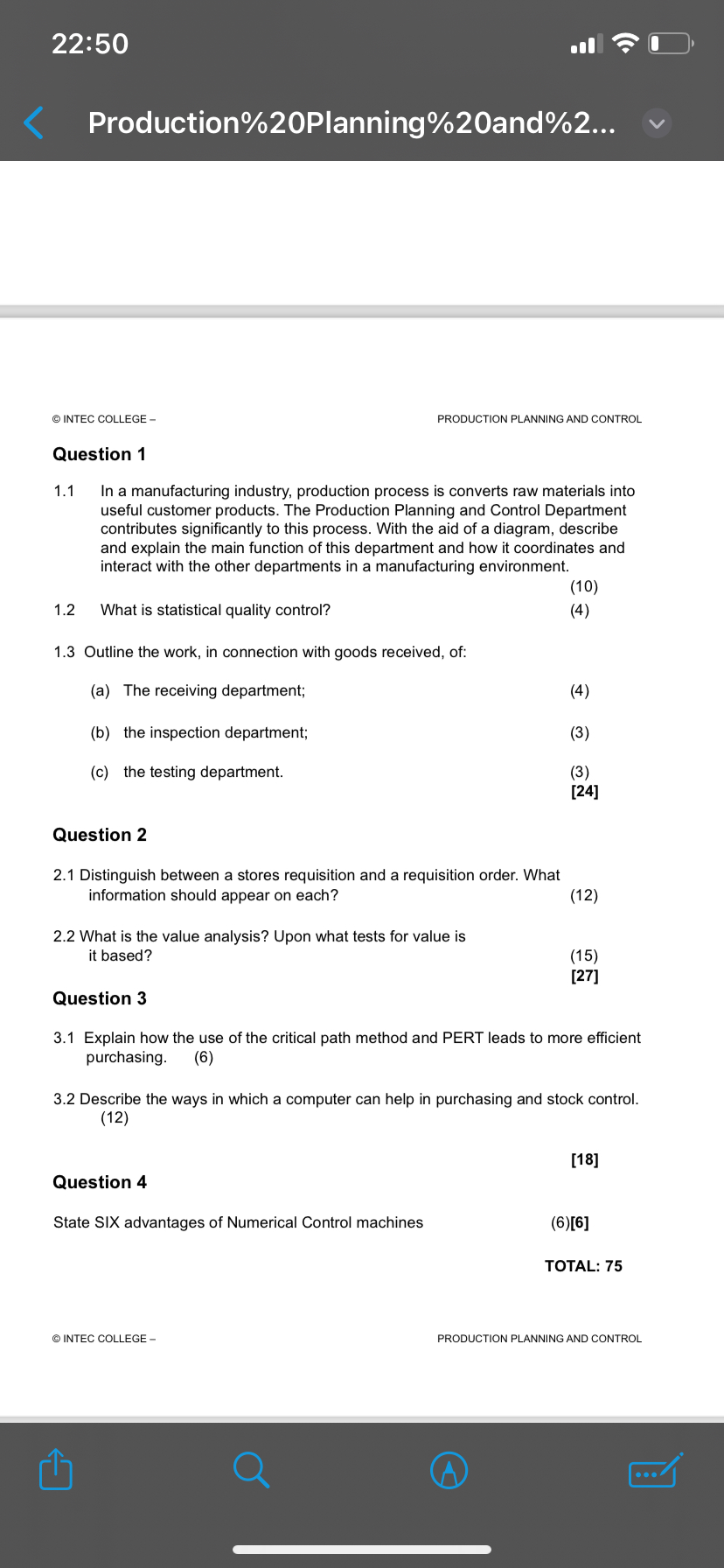  22:50 Production%20Planning%20and%2... () INTEC COLLEGE - PRODUCTION PLANNING AND CONTROL Question
