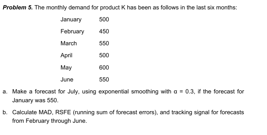  Problem 5. The monthly demand for product K has been as